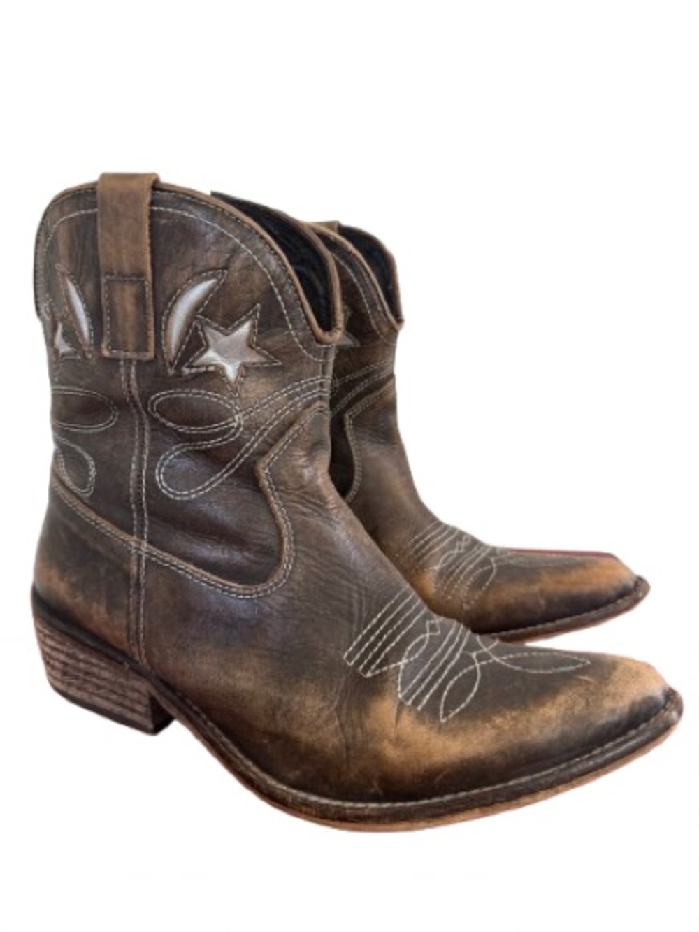 Jeffrey Campbell Brown Leather Western Star & Moon Booties Cowgirl Distressed